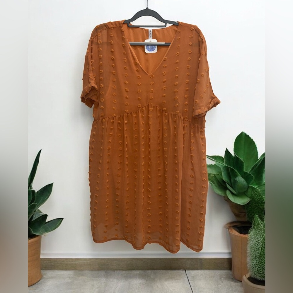 Zenana Women’s Swiss Polka Dot Babydoll Mini Dress Butter Orange Size Large New